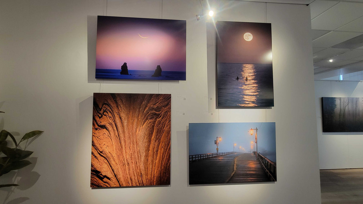 Four framed artworks on a wall, each depicting different scenes.