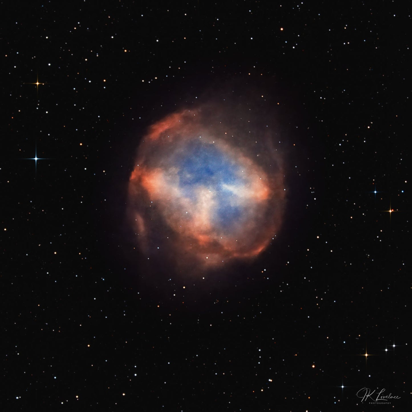 A jpg of the deep sky photograph titled "Abell 74" shot by astrophotographer J K Lovelace featuring a planetary nebula.