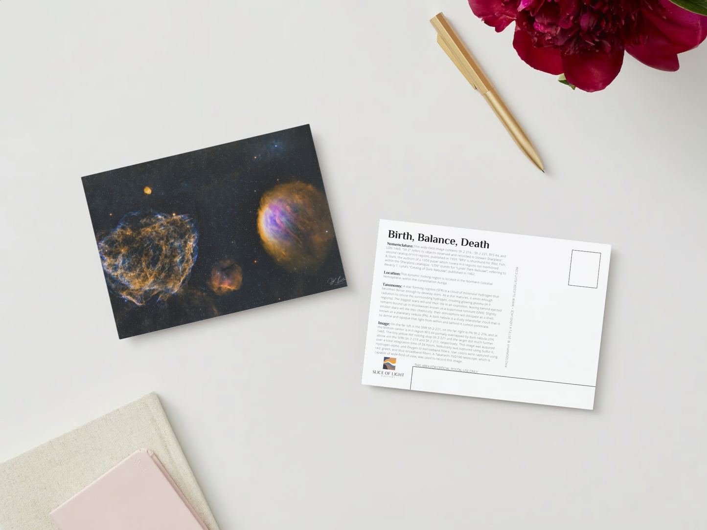 A digital mockup featuring the front and back of the 5x7 inch postcard featuring the deep sky photograph titled "Birth, Balance, Death" shot by astrophotographer J K Lovelace on the front and fast facts of the deep sky object on the back.