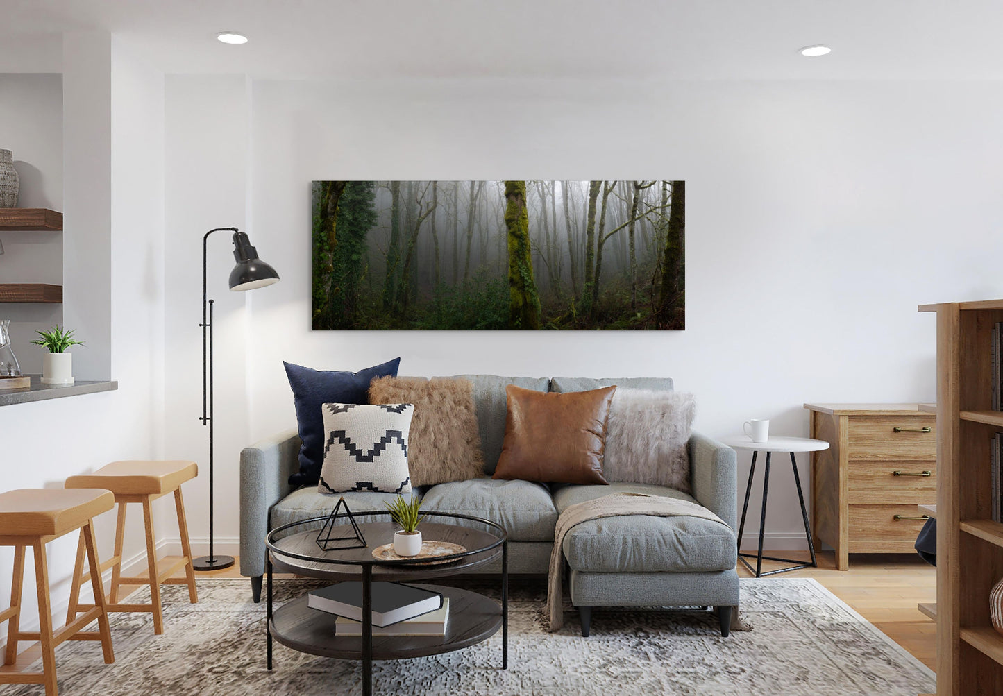 A wall art mockup featuring the photograph titled "Forest Park Ferngully" by landscape photographer Ben Coffman as a 60 inch wide metal print with inset frame on display in a contemporary apartment.