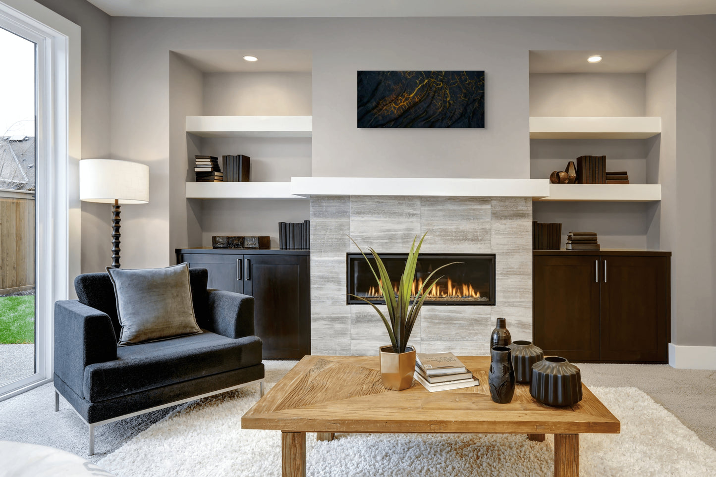 A wall art mockup featuring the photograph titled "Golden Veins" by landscape photographer Ben Coffman as a 30 inch wide metal print with inset frame on display in a modern home.