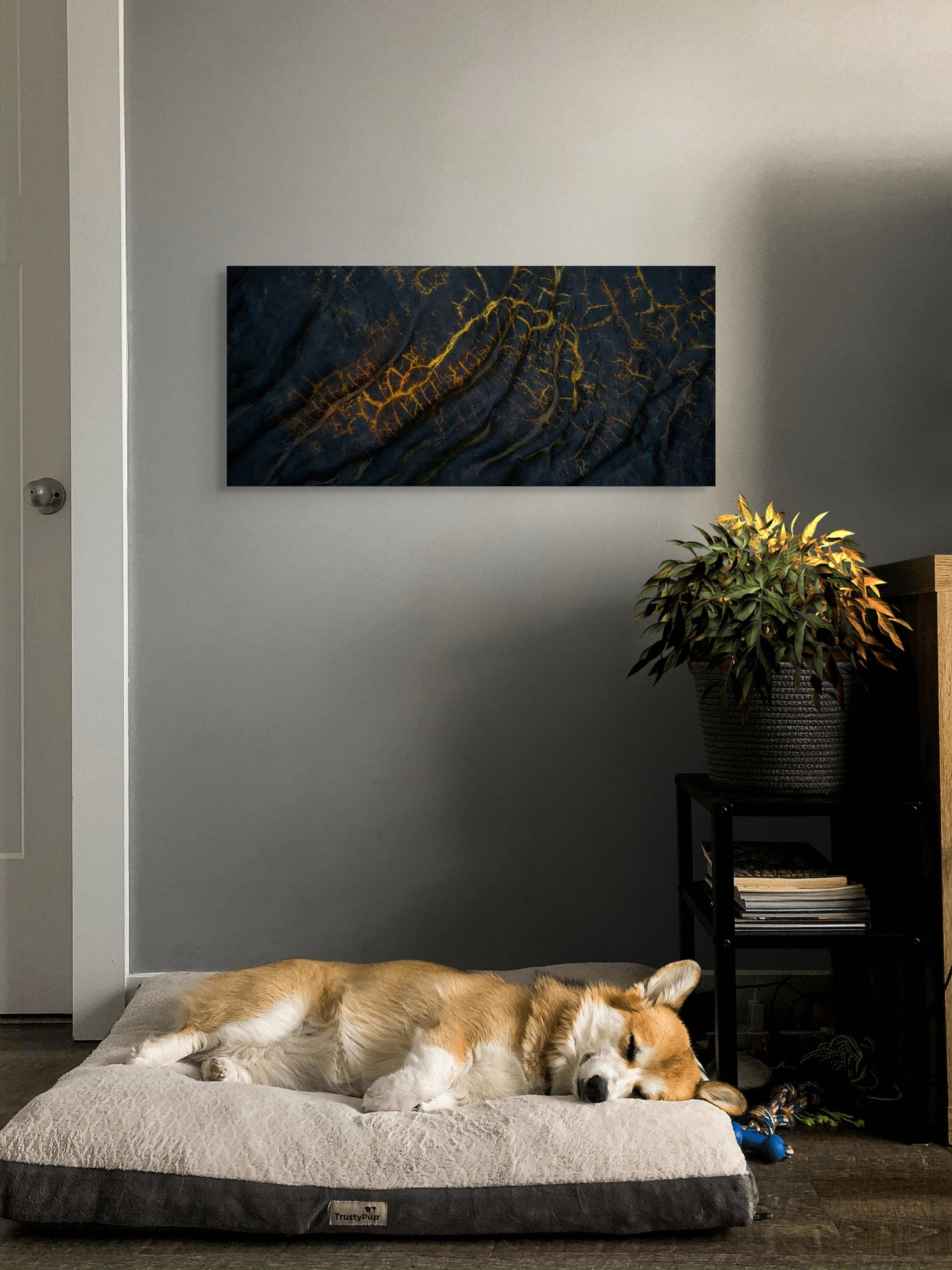 A wall art mockup featuring the photograph titled "Golden Veins" by landscape photographer Ben Coffman as a 36 inch wide metal print with inset frame on display in a modern apartment.