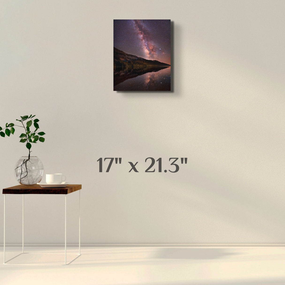 A wall art mockup featuring the nightscape photograph titled, "High Lake" shot by landscape photographer J K Lovelace, on display as a 17 inch wide metal print with inset frame.