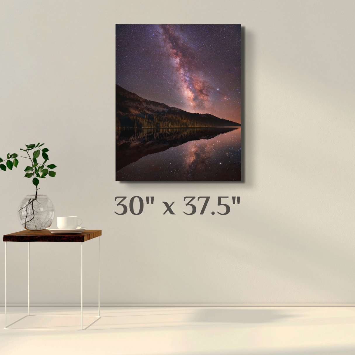 A wall art mockup featuring the nightscape photograph titled, "High Lake" shot by landscape photographer J K Lovelace, on display as a 30 inch wide metal print with inset frame.