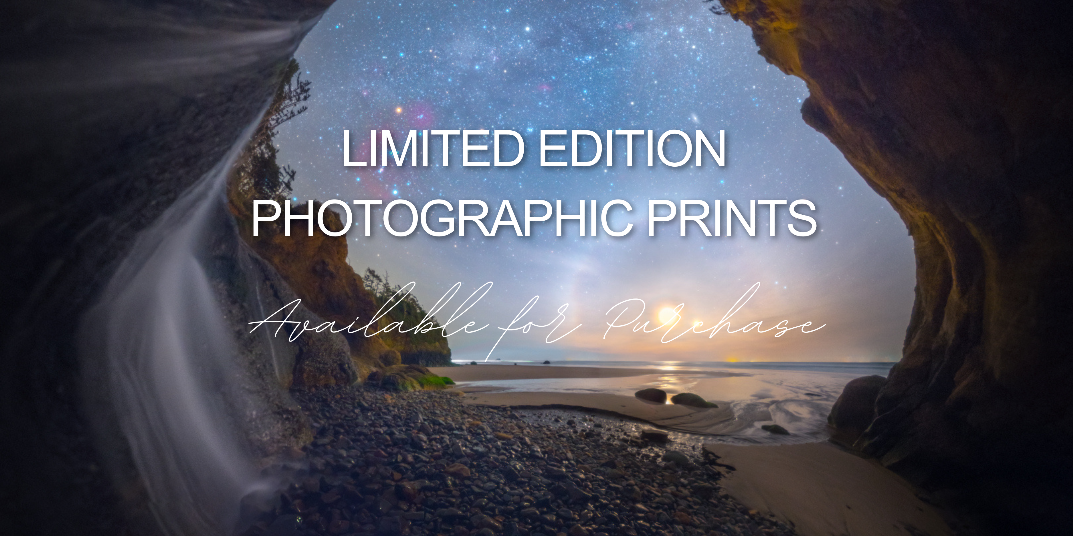 A banner image with background photograph titled "Starfalls II" by landscape photographer Ben Coffman and overlaying text that says "Limited Edition Photographic Prints Available for Purchase".