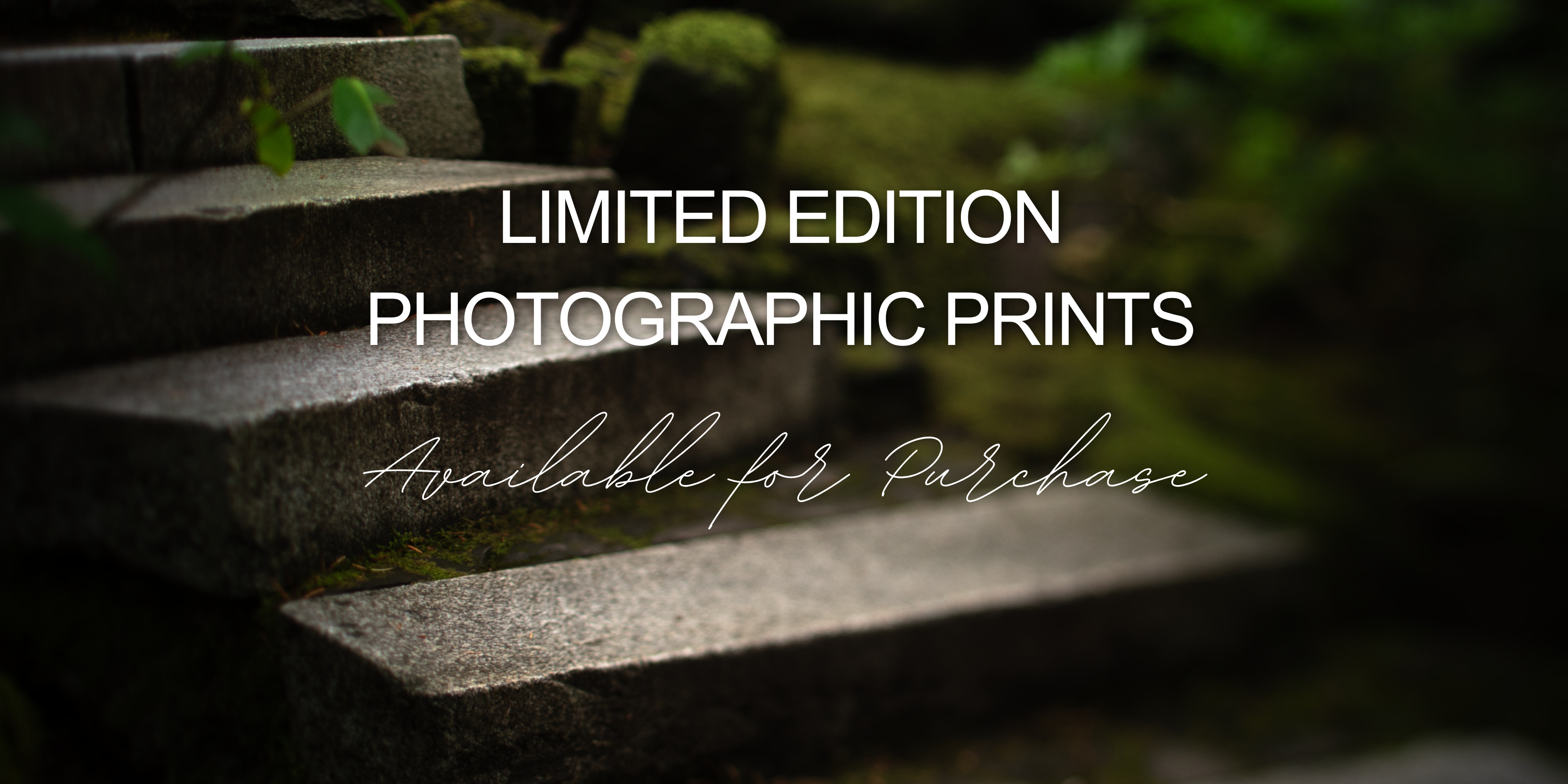 A banner image with background photograph titled "Liminal Spaces in the Portland Japanese Garden 10" by landscape photographer Ben Coffman and overlaying text that says "Limited Edition Photographic Prints Available for Purchase".