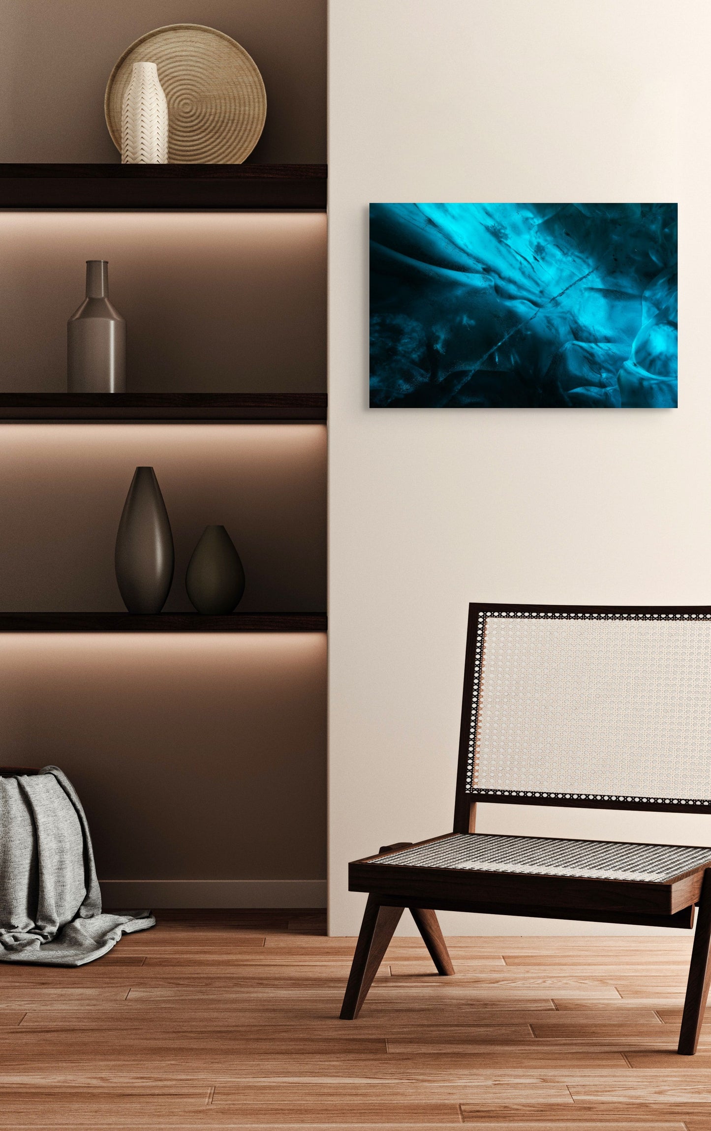 A wall art mockup featuring the photograph titled "Ice Nebulae II" by landscape photographer Ben Coffman as a 24 inch wide metal print with inset frame on display in a modern apartment.
