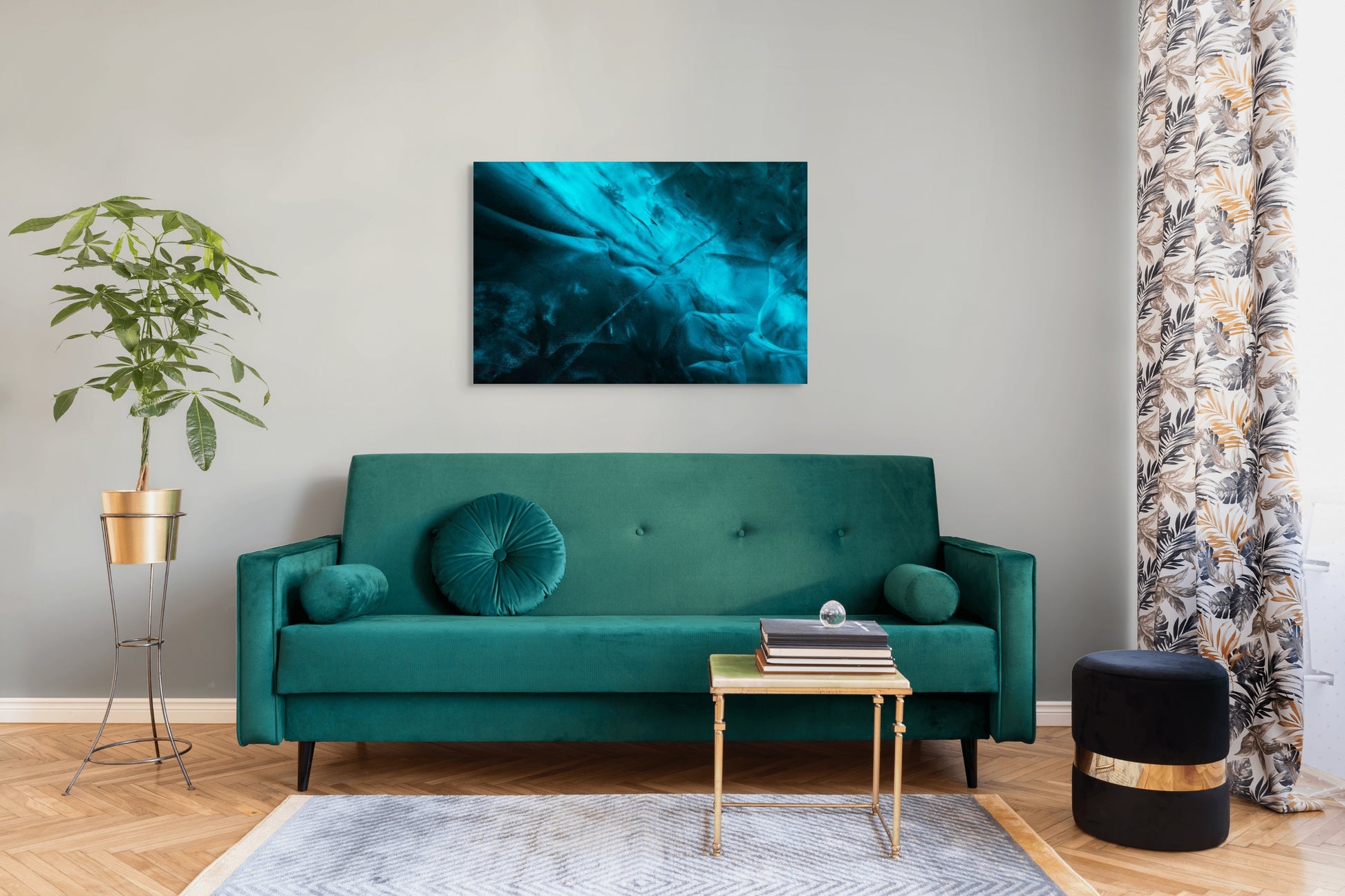 A wall art mockup featuring the photograph titled "Ice Nebulae II" by landscape photographer Ben Coffman as a 44 inch wide metal print with inset frame on display in a modern apartment.