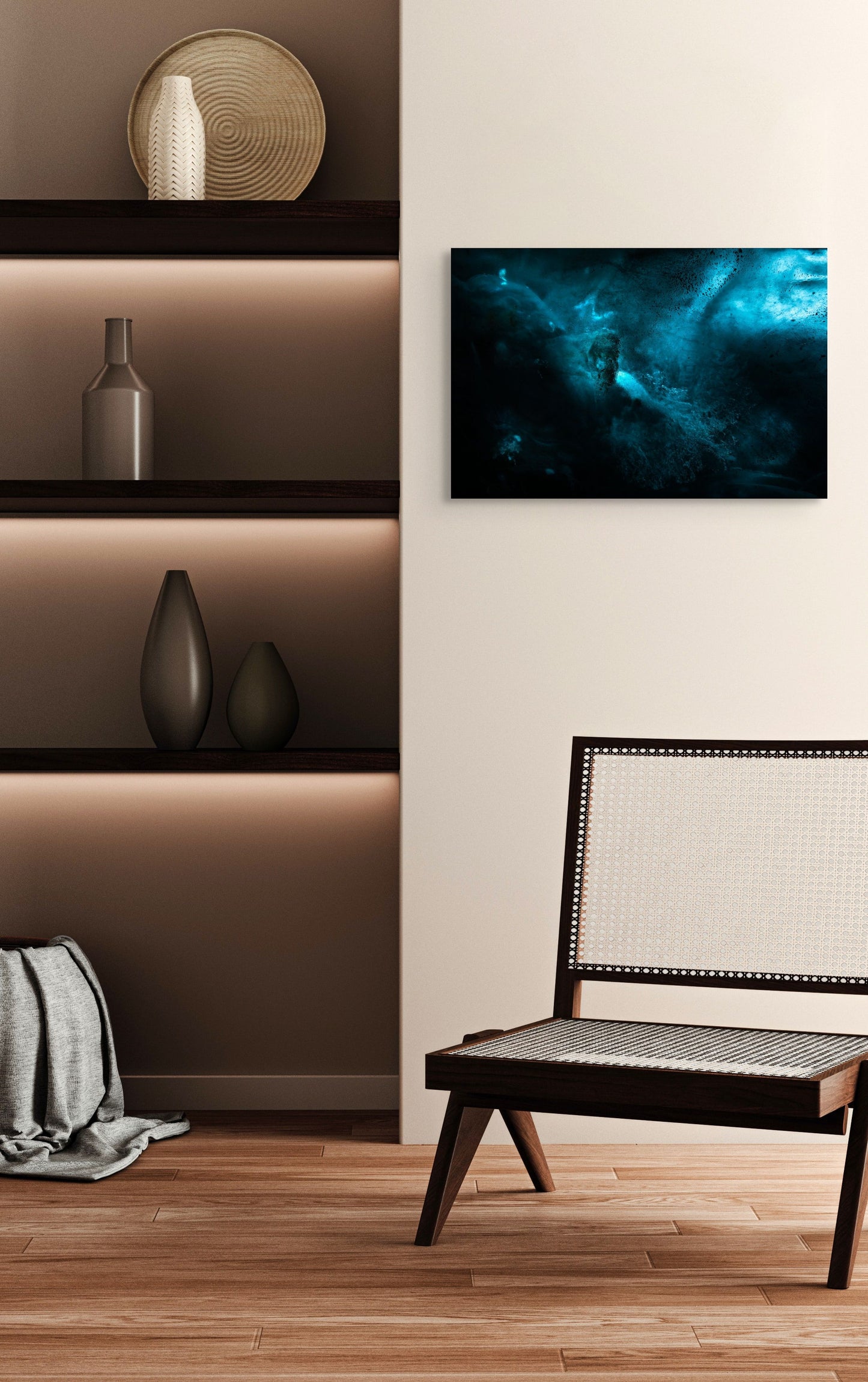 A wall art mockup featuring the photograph titled "Ice Nebulae I" by landscape photographer Ben Coffman as a 24 inch wide metal print with inset frame on display in a modern apartment.