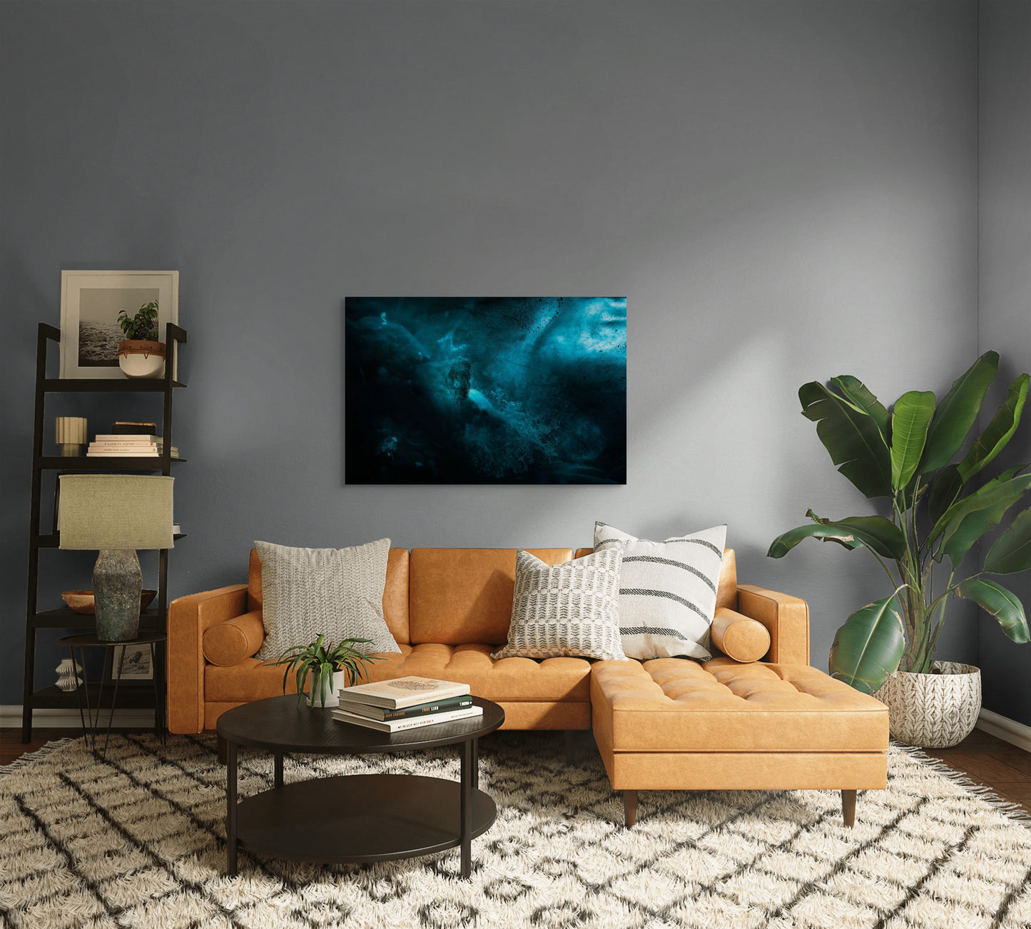 A wall art mockup featuring the photograph titled "Ice Nebulae I" by landscape photographer Ben Coffman as a 44 inch wide metal print with inset frame on display in a modern apartment.