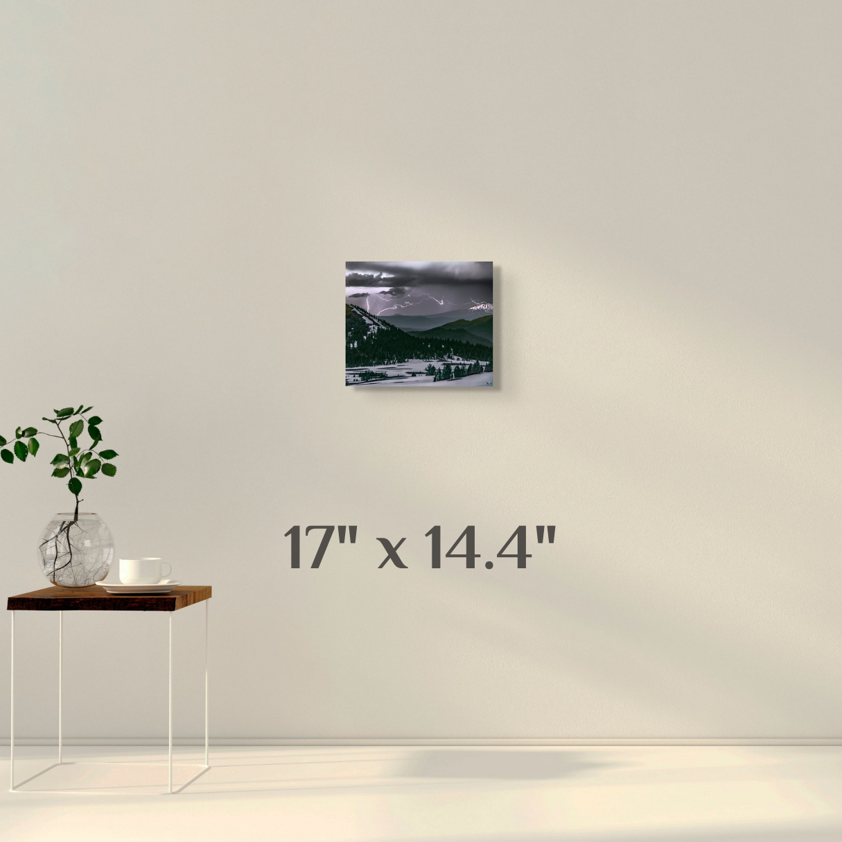 A simple wall art mockup featuring the 17 inch wide metal print titled "Lightning and Ice" displayed on a wall.