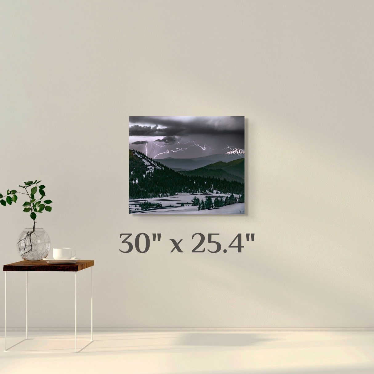 A simple wall art mockup featuring the 30 inch wide metal print titled "Lightning and Ice" displayed on a wall.