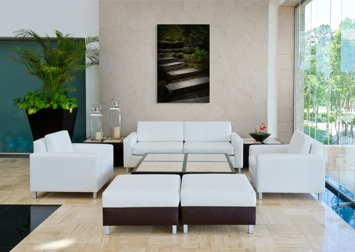 A wall art mockup featuring the photograph titled "Liminal Spaces in the Portland Japanese Garden 10" by landscape photographer Ben Coffman as a 30 inch wide metal print with inset frame on display in a modern spa.