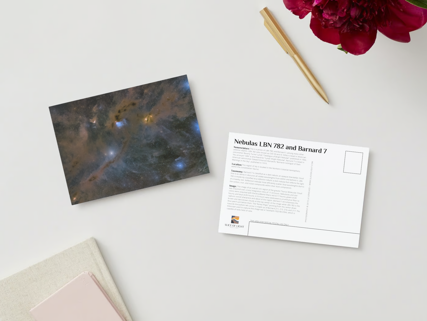 A digital mockup featuring the front and back of the 5x7 inch postcard featuring the deep sky photograph titled "Nebulas LBN 782 and Barnard 7" shot by astrophotographer J K Lovelace on the front and fast facts of the deep sky object on the back.