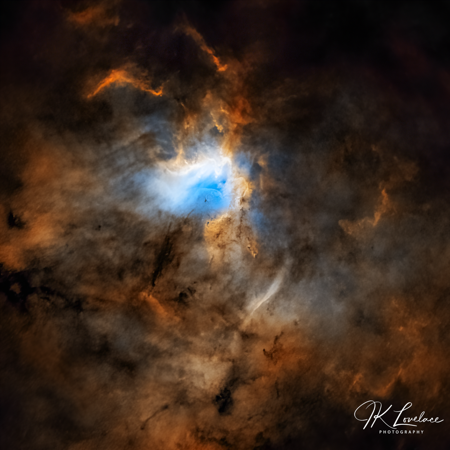 A png of the deep sky (starless) photograph titled, "Passage" shot by astrophotographer J K Lovelace, featuring Emission nebula NGC 1491 in the constellation Perseus.