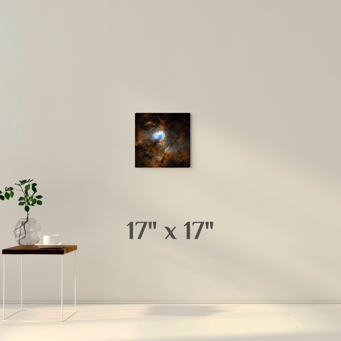 A wall art mockup featuring the deep sky photograph titled, "Passage" shot by astrophotographer J K Lovelace, on display as a 17 inch wide metal print with inset frame.
