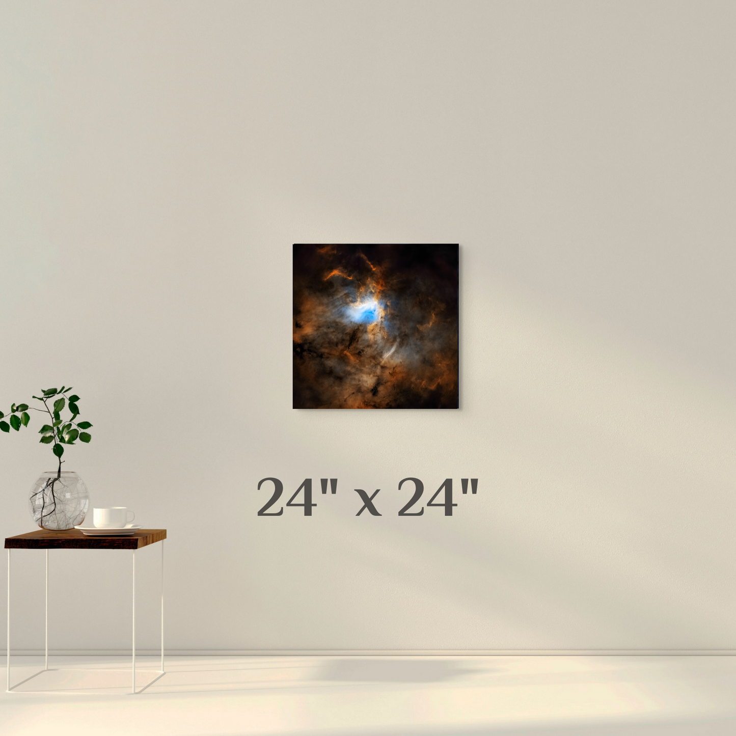 A wall art mockup featuring the deep sky photograph titled, "Passage" shot by astrophotographer J K Lovelace, on display as a 24 inch wide metal print with inset frame.