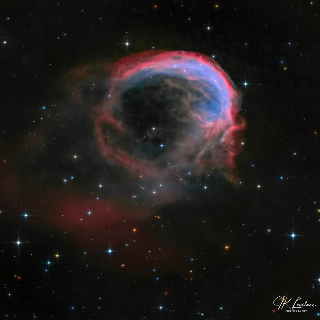 A jpg of the deep sky photograph titled "Profile of an Alien" shot by astrophotographer J K Lovelace featuring the planetary nebula known as the Dolphin Nebula.