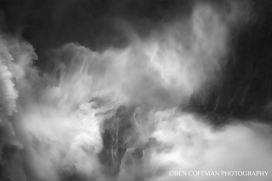 A jpg of the abstract infrared black and white photograph titled "Roar Shock I" by landscape photographer Ben Coffman, featuring the waterfall Dettifoss.