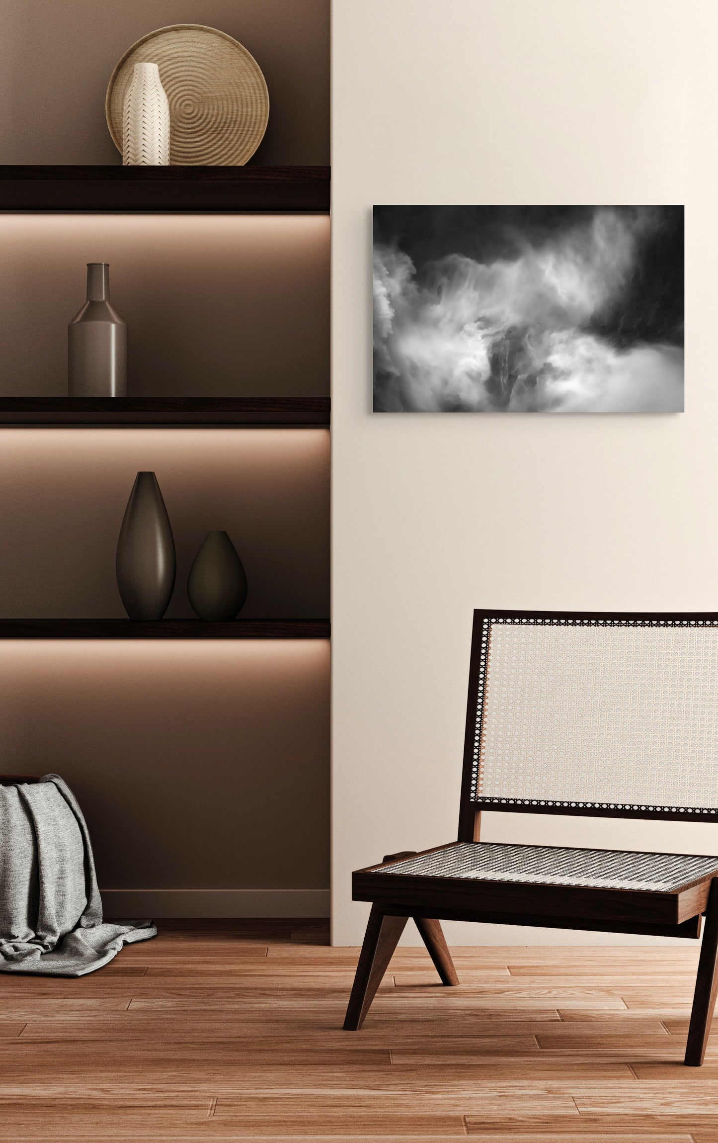 A wall art mockup featuring the photograph titled "Roar Shock I" by landscape photographer Ben Coffman as a 24 inch wide metal print with inset frame on display in a modern apartment.