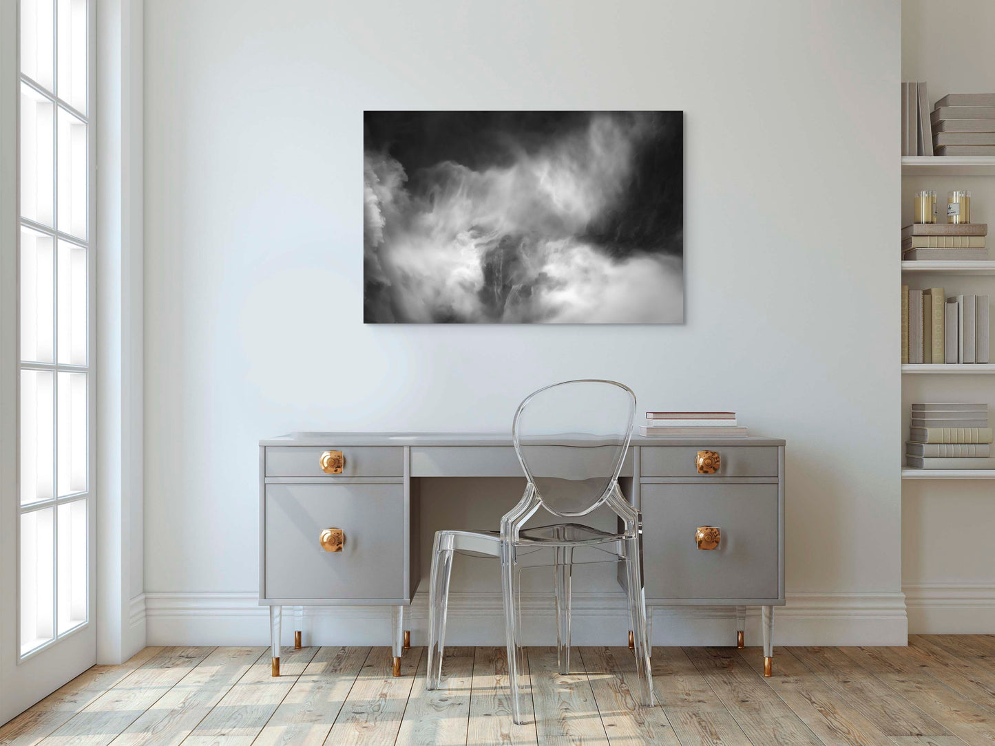 A wall art mockup featuring the photograph titled "Roar Shock I" by landscape photographer Ben Coffman as a 44 inch wide metal print with inset frame on display in a modern apartment.