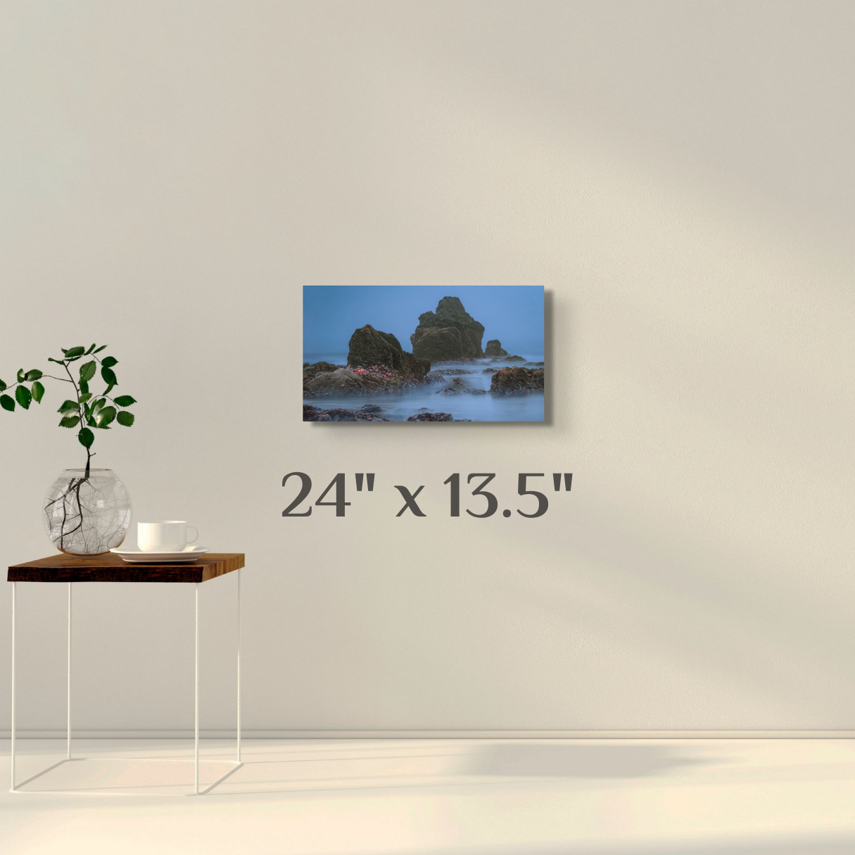A wall art mockup featuring the seascape photograph titled, "Seaing Stars" shot by landscape photographer J K Lovelace, on display as a 24 inch wide metal print with inset frame.