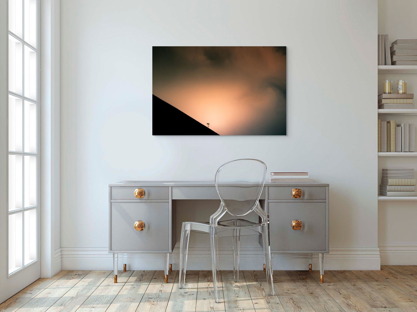 A wall art mockup featuring the photograph titled "Shadow Archetype" by landscape photographer Ben Coffman as a 44 inch wide metal print with inset frame on display in a modern apartment.