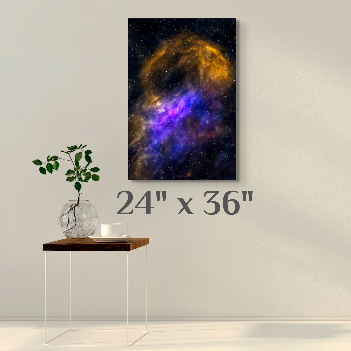 A wall art mockup featuring the photograph titled "Sivan 2" by landscape photographer J K Lovelace as a 24 inch wide metal print with inset frame on display on a wall.