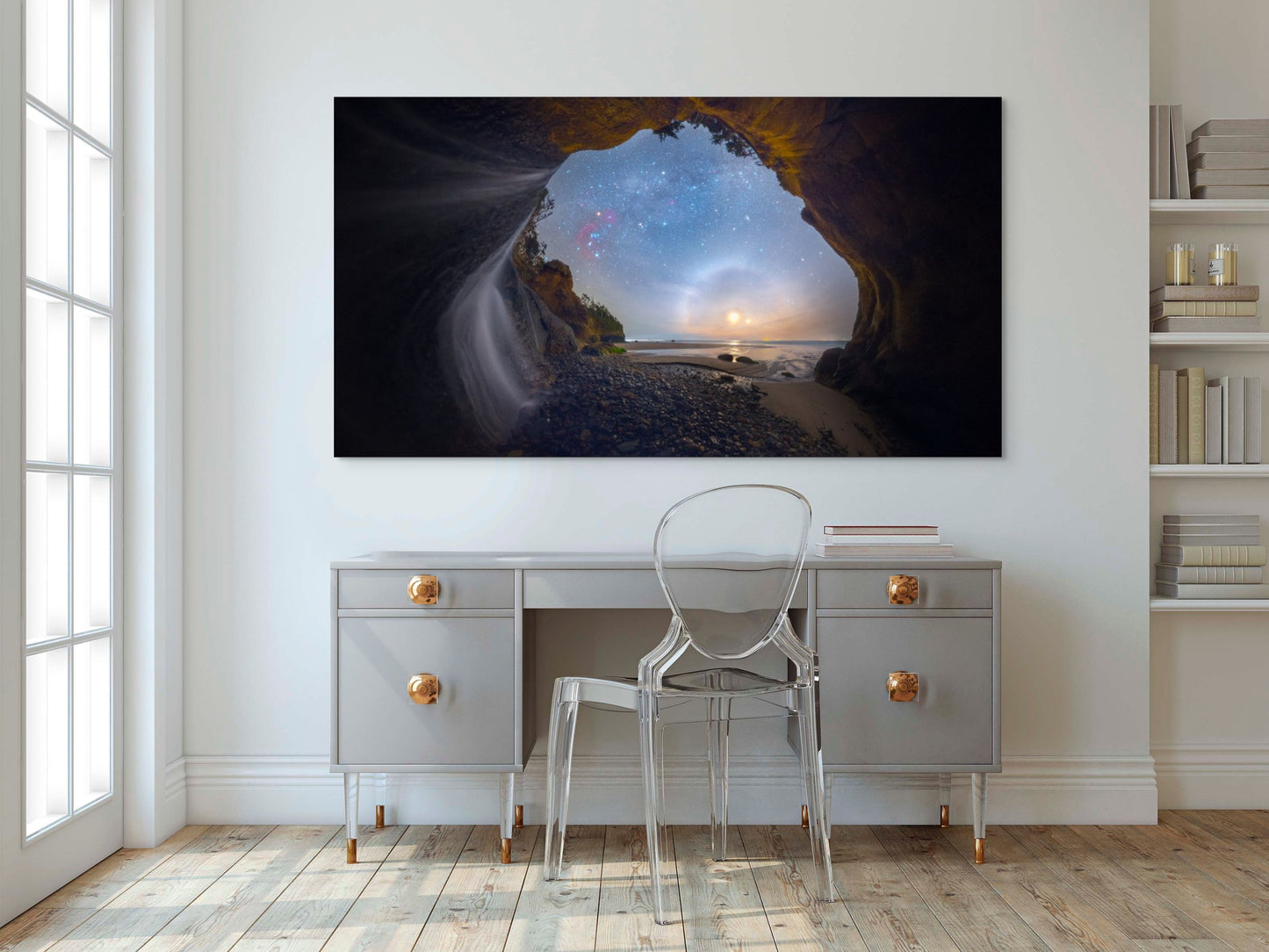 A wall art mockup featuring the photograph titled "Starfalls II" by landscape photographer Ben Coffman as a 72 inch wide metal print with inset frame on display in a modern apartment.