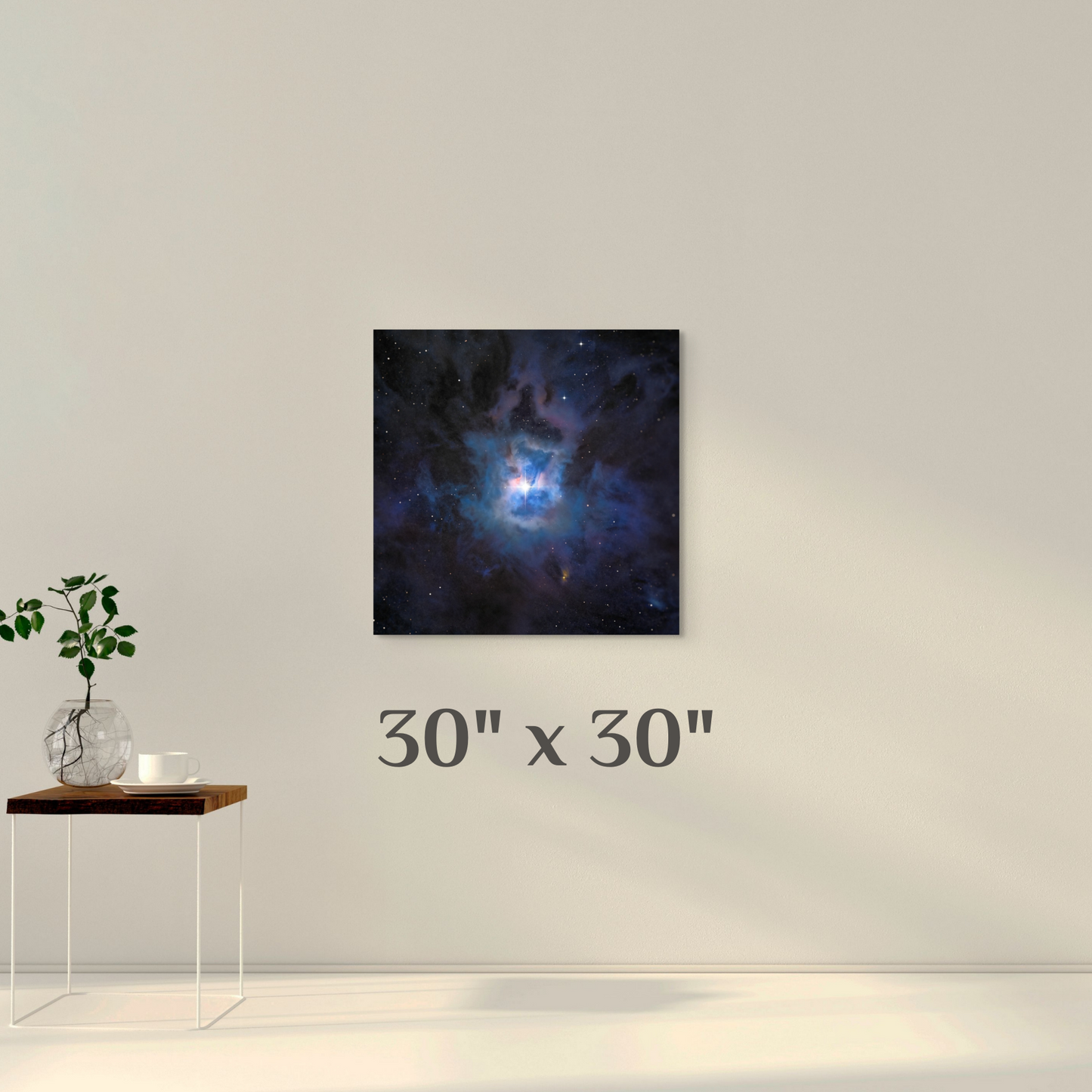 A wall art mockup of the deep sky photograph titled, "The Farthest Flower" shot by astrophotographer J K Lovelace, on display as a 30 inch wide metal print with inset frame.
