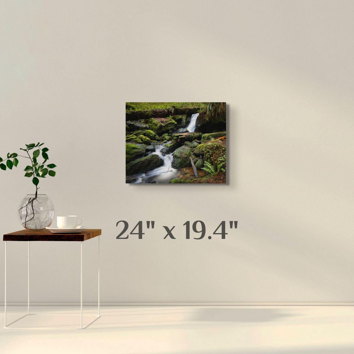A wall art mockup featuring the photograph titled, "The Waters of Orick" shot by landscape photographer J K Lovelace, on display as a 24 inch metal print with inset frame.