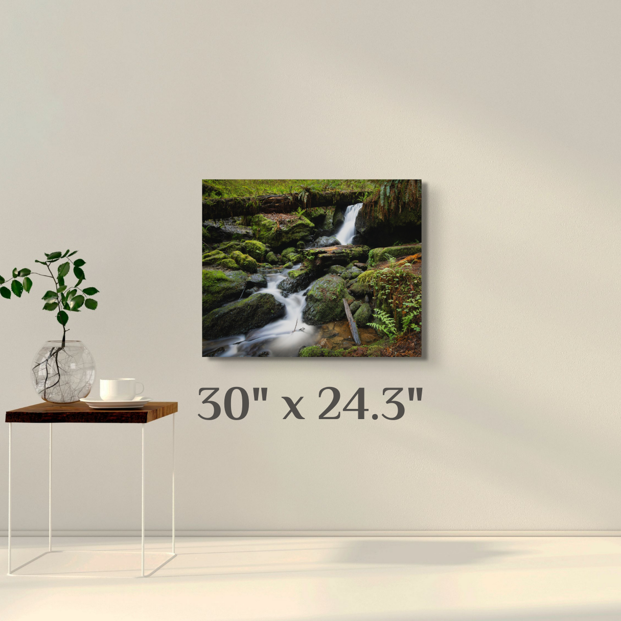 A wall art mockup featuring the photograph titled, "The Waters of Orick" shot by landscape photographer J K Lovelace, on display as a 30 inch wide metal print with inset frame.