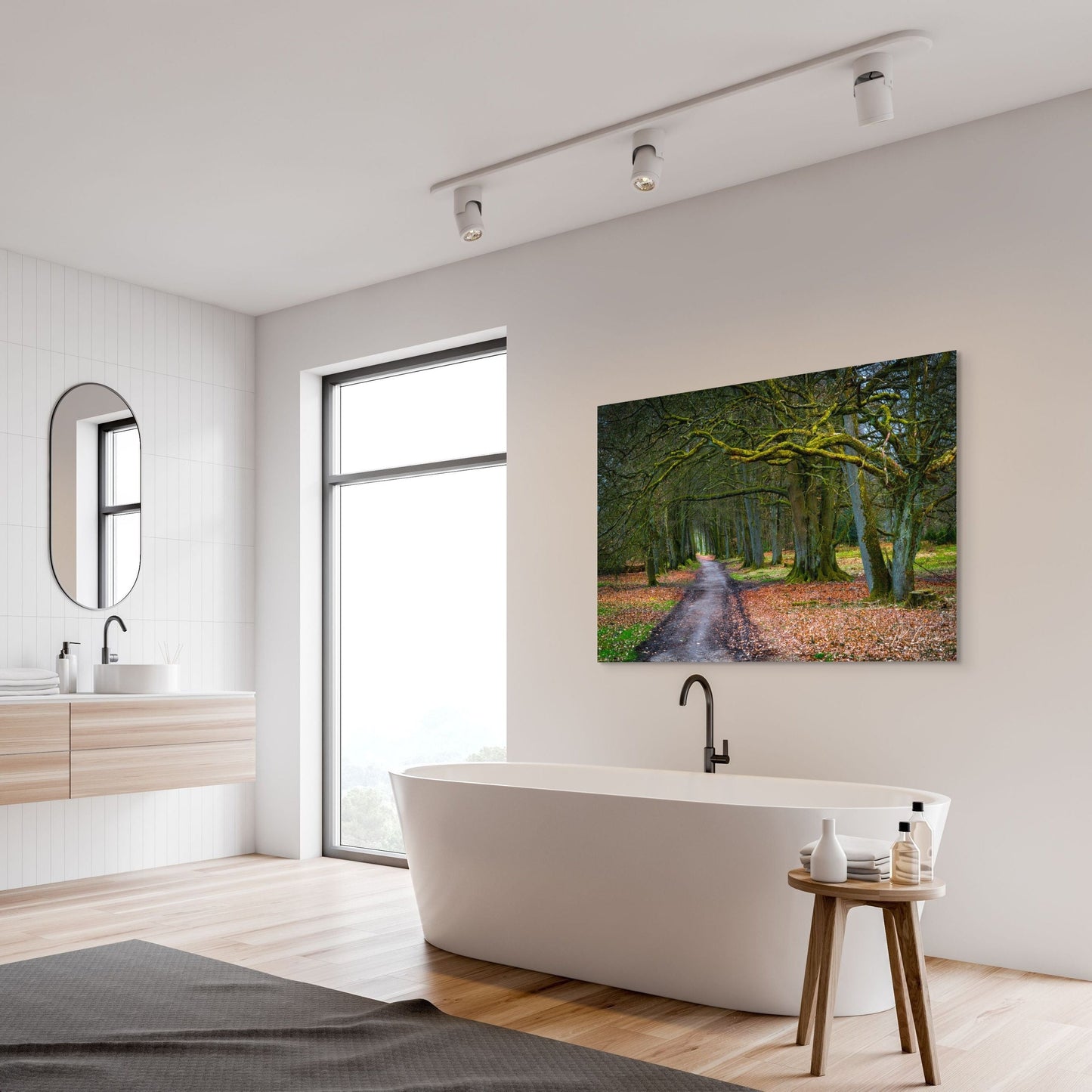A wall art mockup featuring the photograph titled "To Grandmother's House" by landscape photographer J K Lovelace as a 60 inch wide metal print with inset frame on display in a Scandinavian bathroom.
