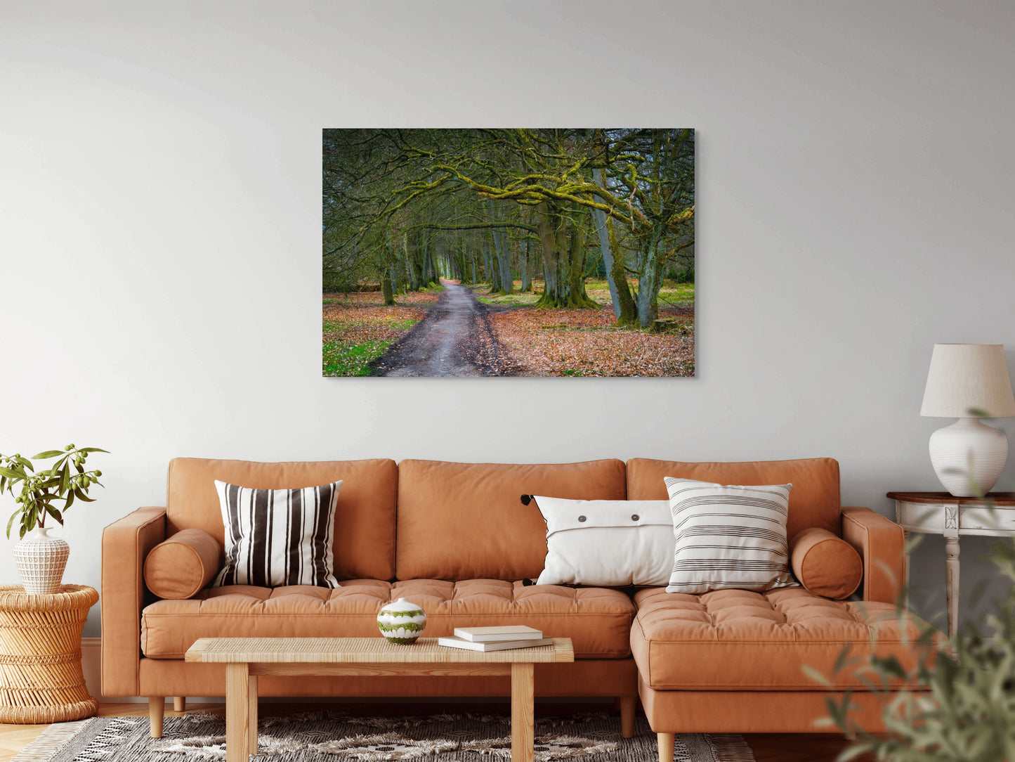 A wall art mockup featuring the photograph titled "To Grandmother's House" by landscape photographer J K Lovelace as a 60 inch wide metal print with inset frame on display in a boho chic living room.