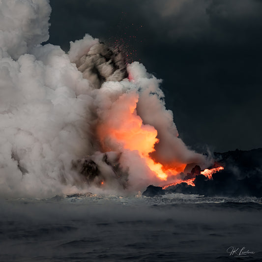 A jpg of the seascape photograph titled "Tranquil Violence" shot by landscape photographer J K Lovelace featuring tephra jets at Kapoho Bay during an underwater volcanic eruption