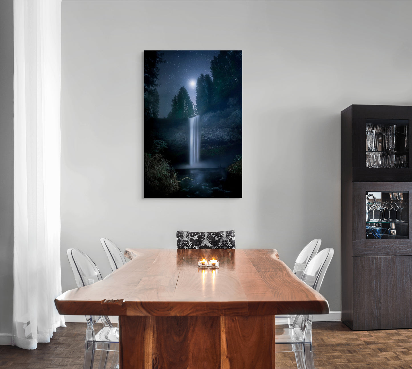 A wall art mockup featuring the photograph titled "Venus In Firs" by landscape photographer Ben Coffman as a 30 inch wide metal print with inset frame on display in a modern apartment.