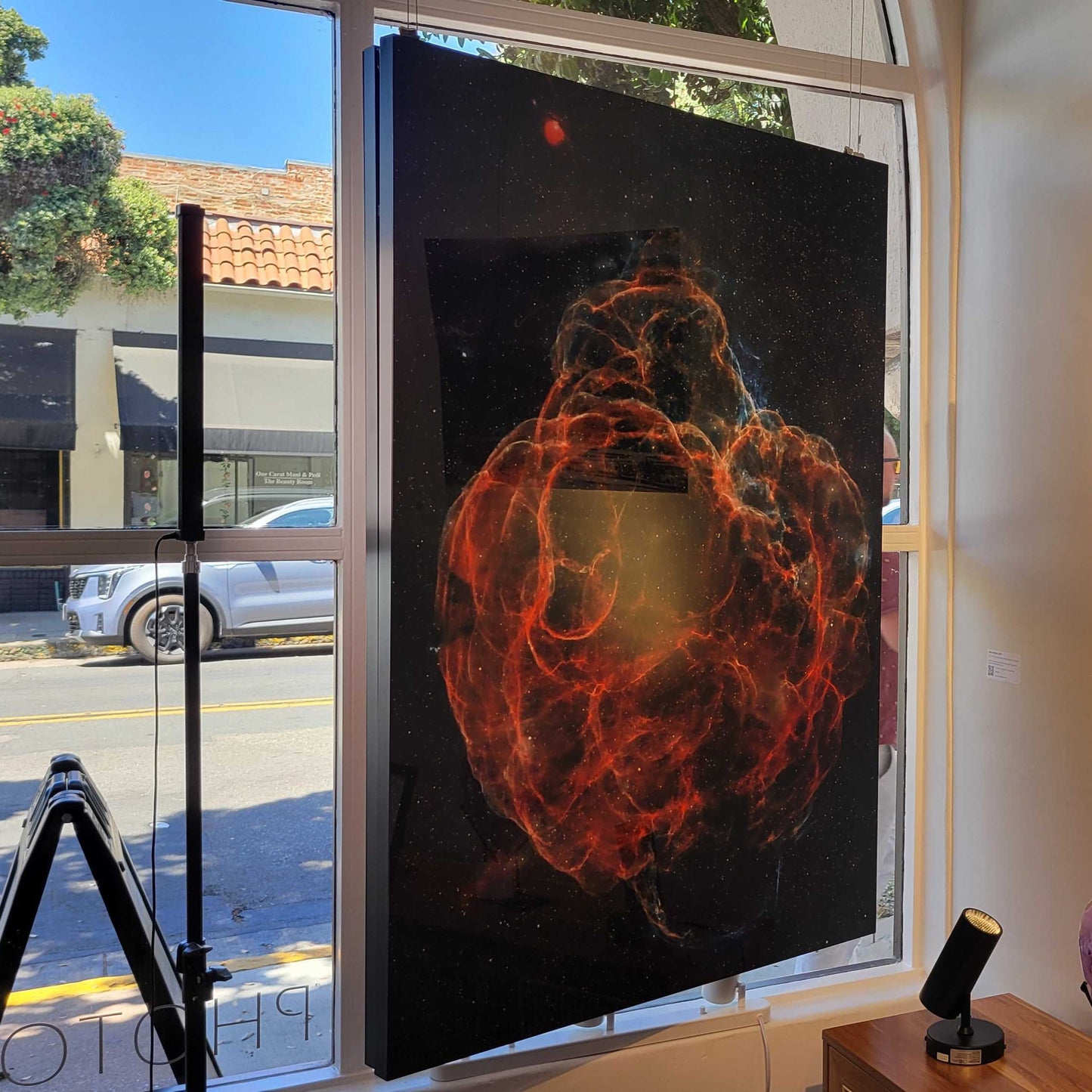 A photograph of the metal print titled "Web of Wisps" shown in the storefront window at Slice of Light Gallery