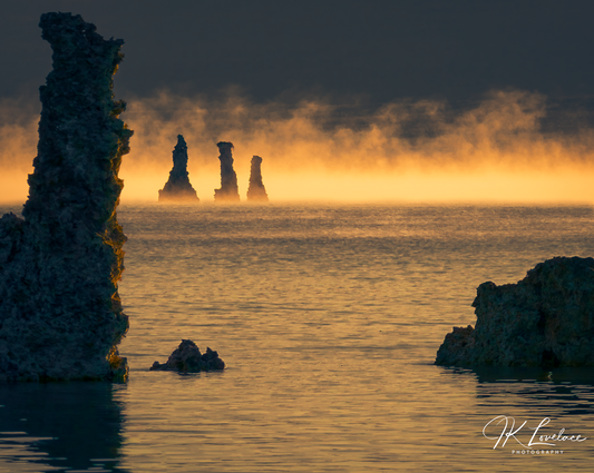 A png of the photograph titled, "Wizards' Chess" shot by landscape photographer J K Lovelace, featuring Tufa pillars that stand like chess pieces in a fiery sunrise on Mono Lake.