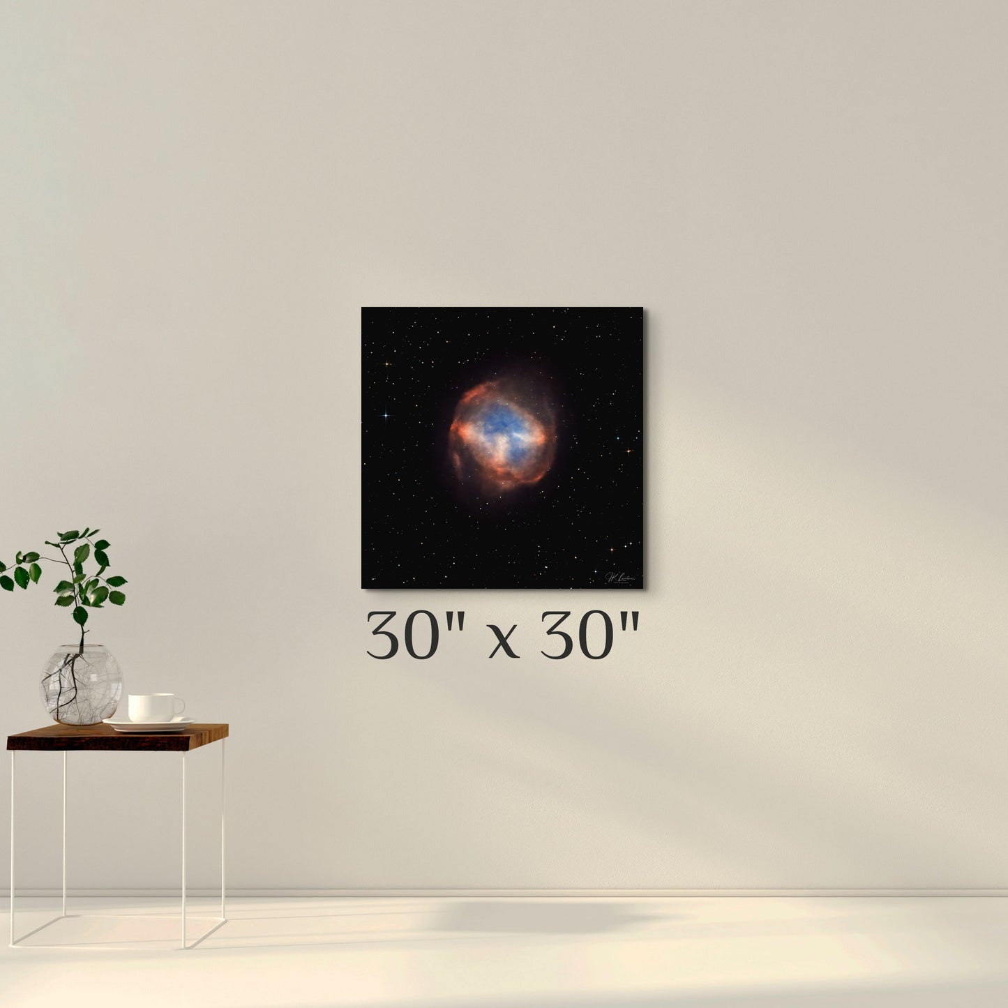 A wall art mockup of the 30 inch square metal print titled "Abell 74" on wall