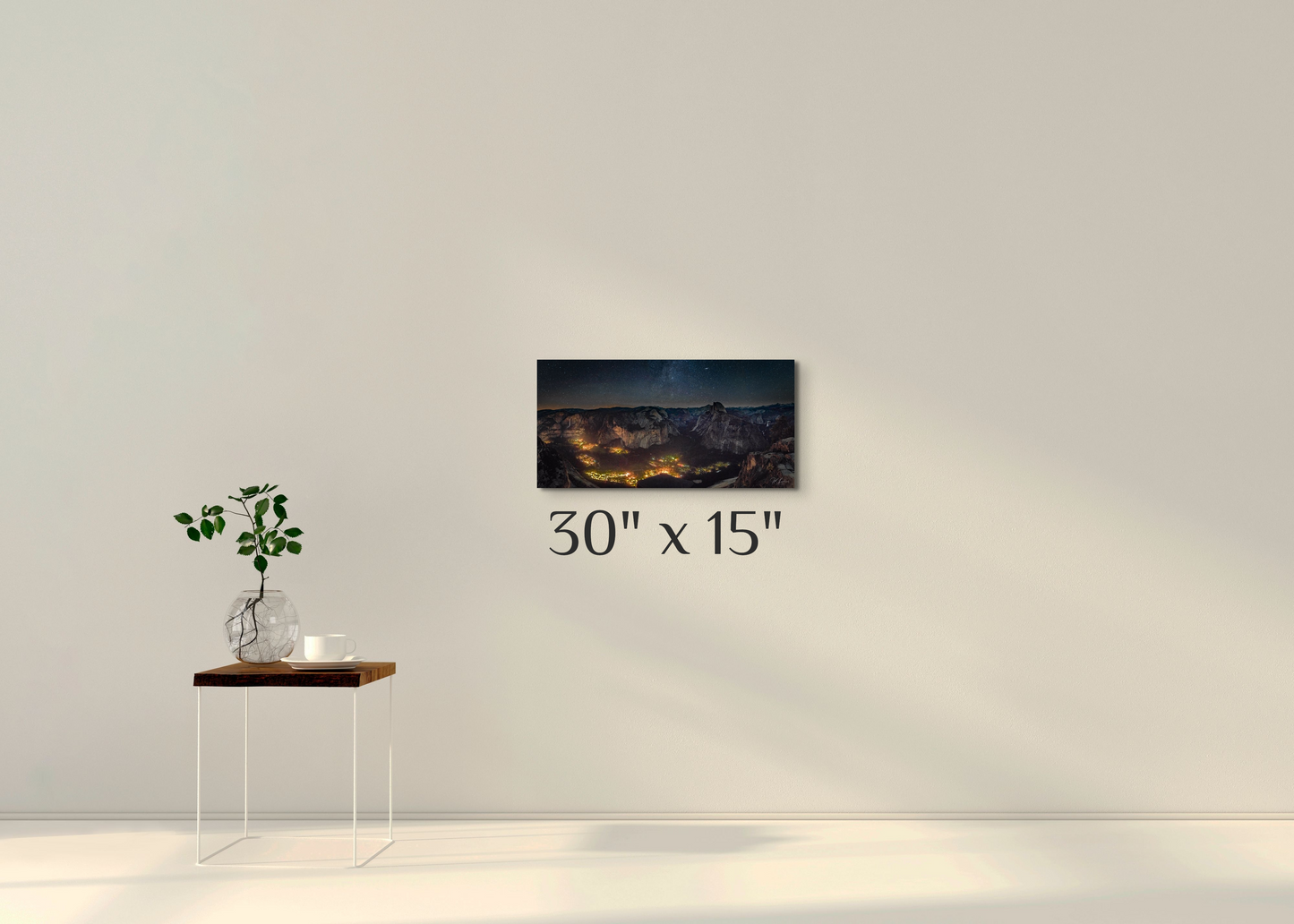 A simple wall art mockup featuring the 30 inch wide metal print titled "Artificial Darkness" on display on a wall.