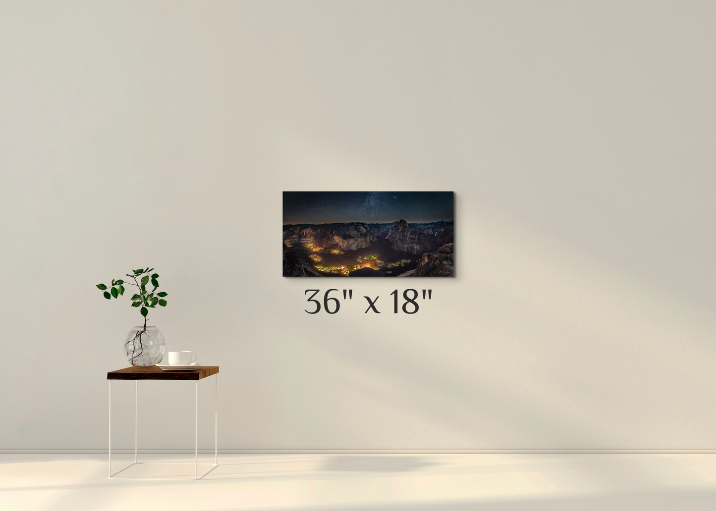 A simple wall art mockup featuring the 36 inch wide metal print titled "Artificial Darkness" on display on a wall.