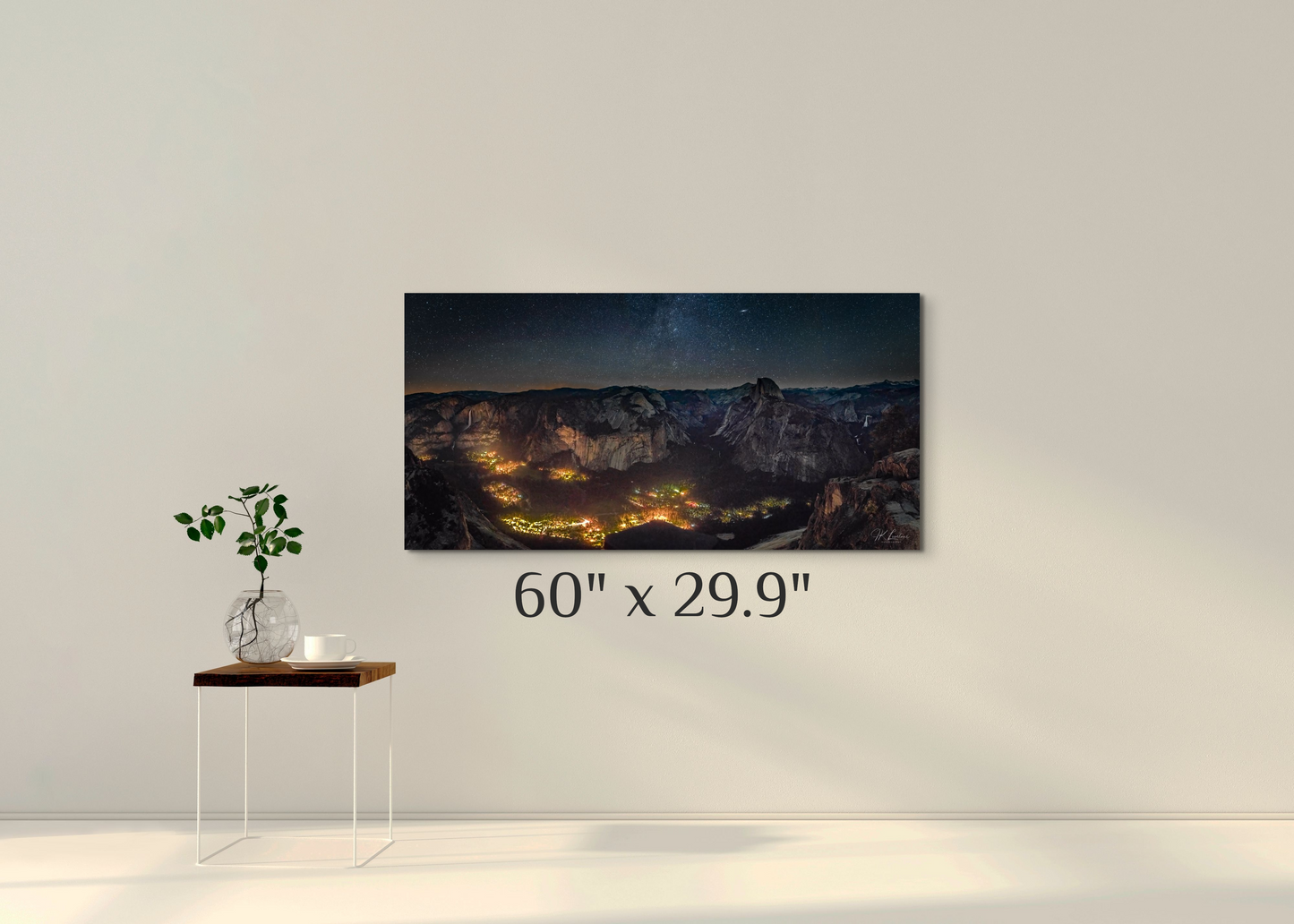 A simple wall art mockup featuring the 60 inch wide metal print titled "Artificial Darkness" on display on a wall.