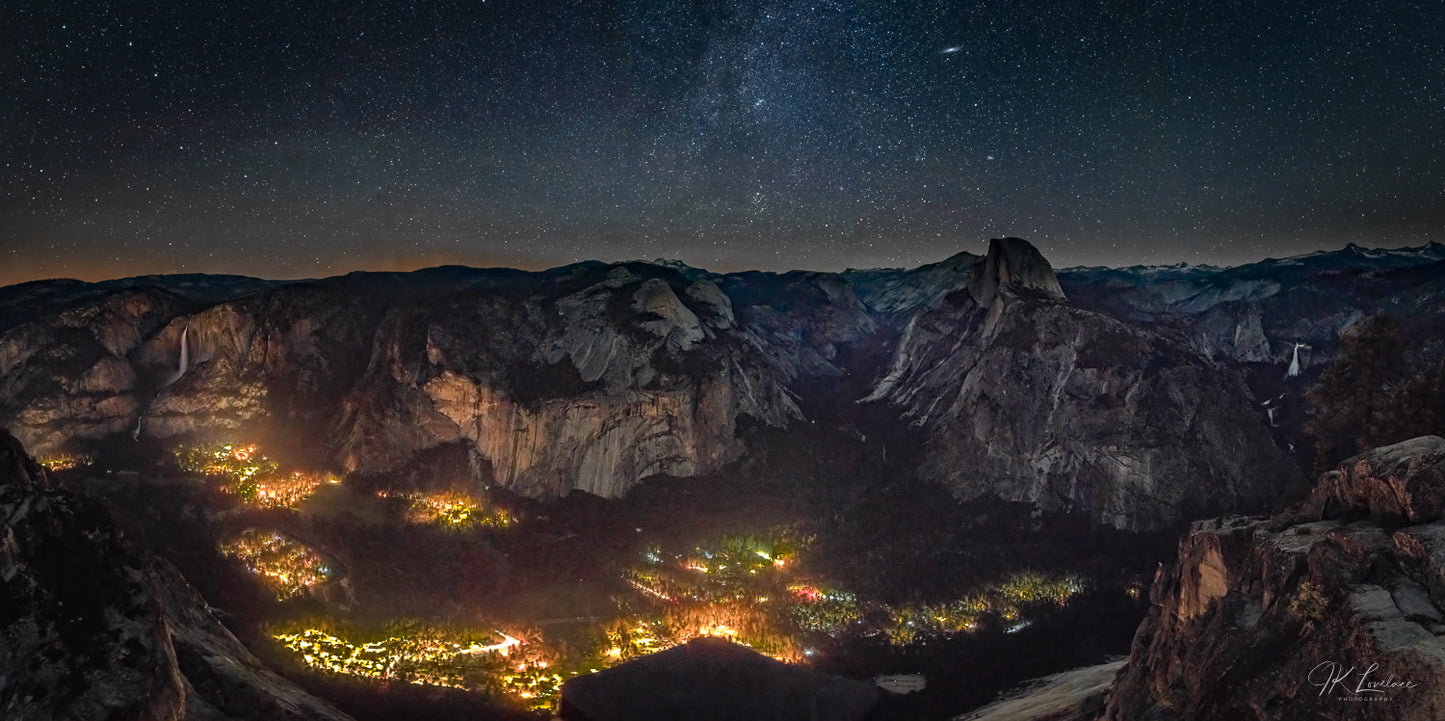 A jpg of the nightscape panoramic photograph titled "Artificial Darkness" shot by landscape photographer J K Lovelace featuring the Yosemite Valley at night.
