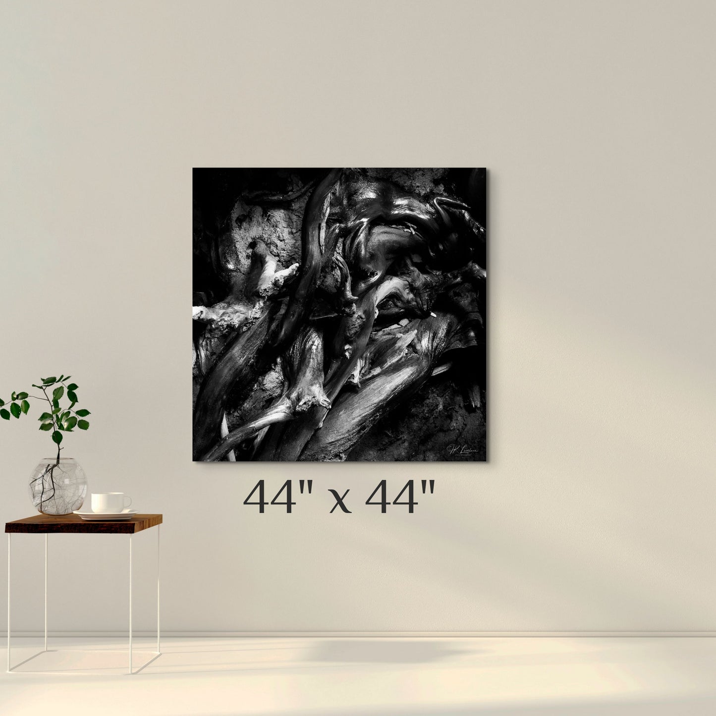 A simple wall art mockup featuring the 44 inch square metal print titled "Beneath the Garden of Earthly Delights" on a wall.