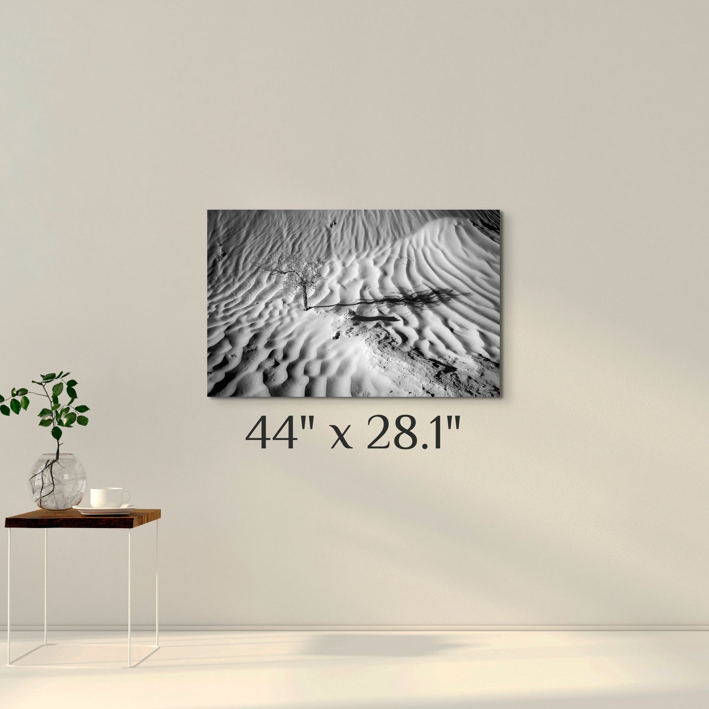 A simple wall art mockup featuring the 44 inch wide metal print titled "Death in Dunes" on display on a wall.