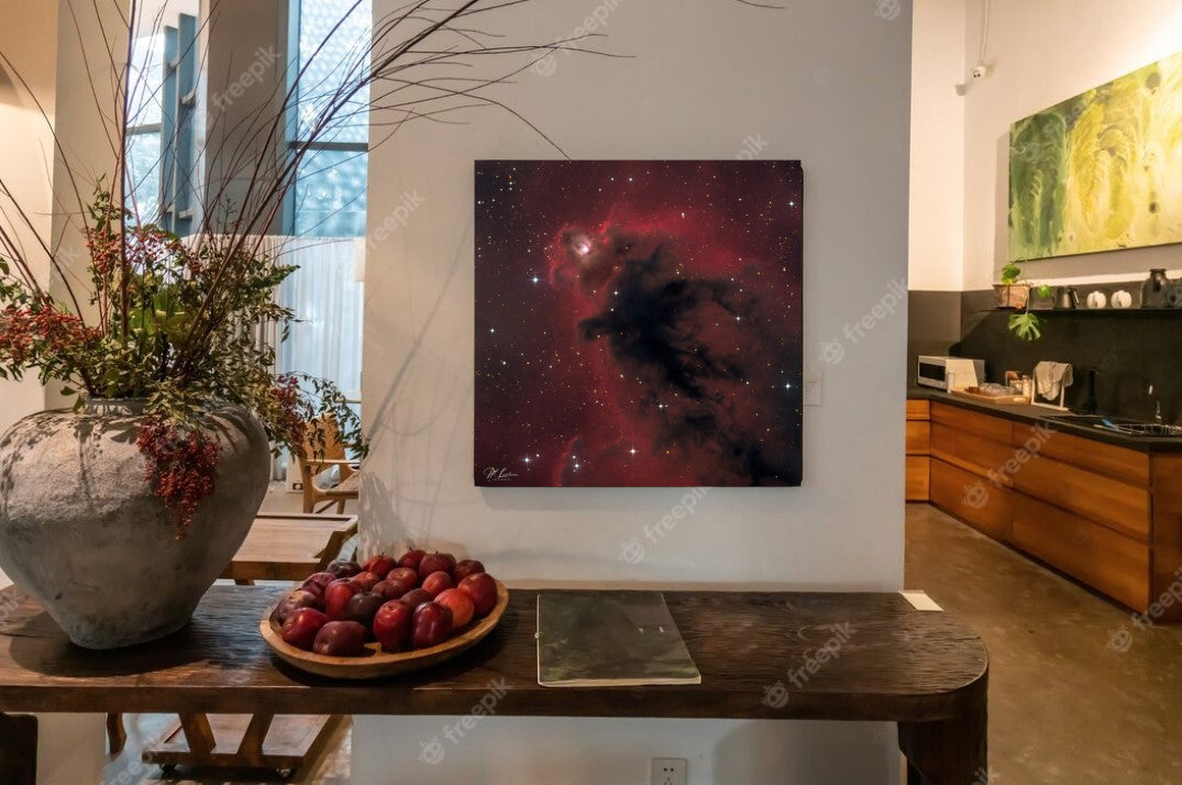 A wall art mockup of the metal print in inset frame titled "Elmo's Ghost" on wall in rustic farmhouse home.