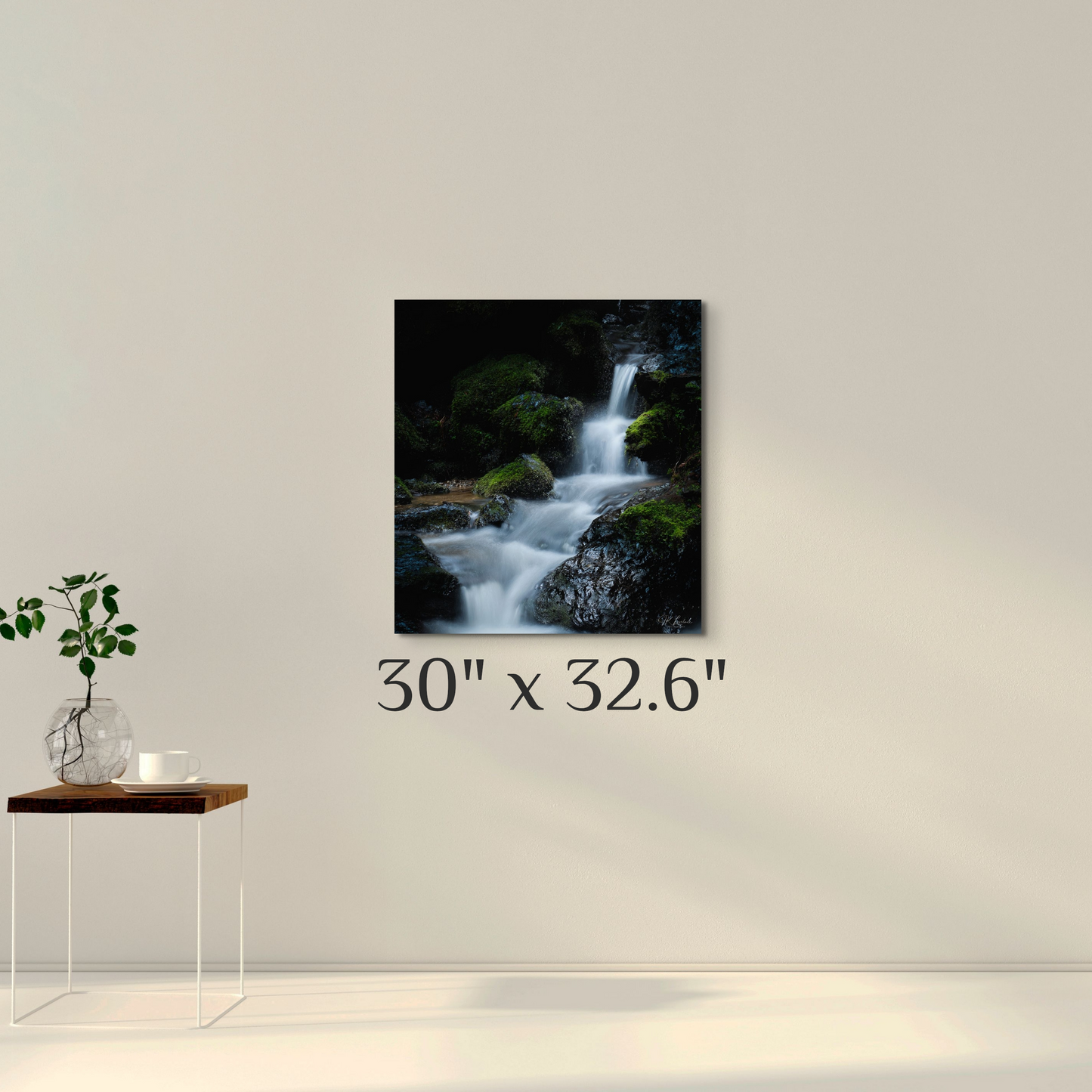 A simple wall art mockup featuring the 30 inch wide metal print titled "Hidden Grotto" on display on a wall.