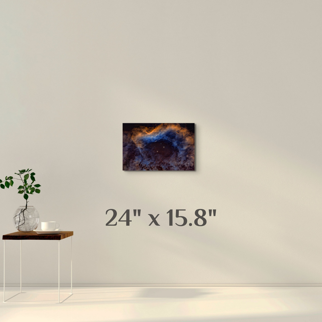 A simple wall art mockup featuring the 24 inch wide metal print titled "In a Dragon's Eye" on display on a wall.