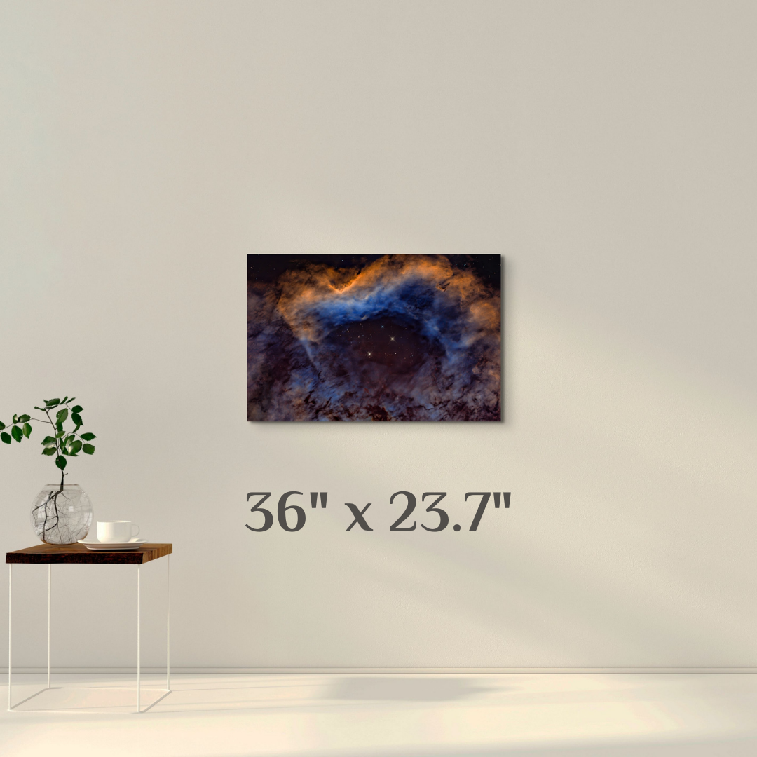 A simple wall art mockup featuring the 36 inch wide metal print titled "In a Dragon's Eye" on display on a wall.