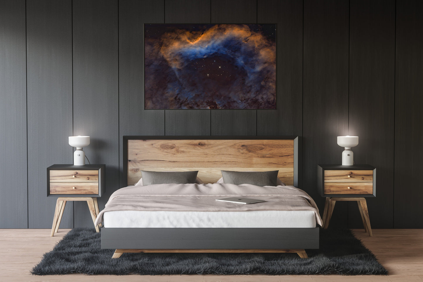 A wall art mockup featuring the metal print titled "In A Dragon's Eye" displayed in a dark gray master bedroom over a bed and nightstand set of modern black and natural finishes.